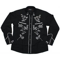 Camisa Rockabilly Manga Larga - NEGRO Con Bordado Blanco