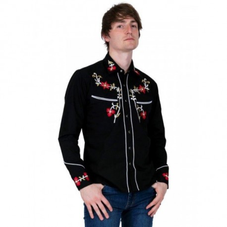 Rockabilly Long Sleeved Shirt BLACK With red Flower Embroidery